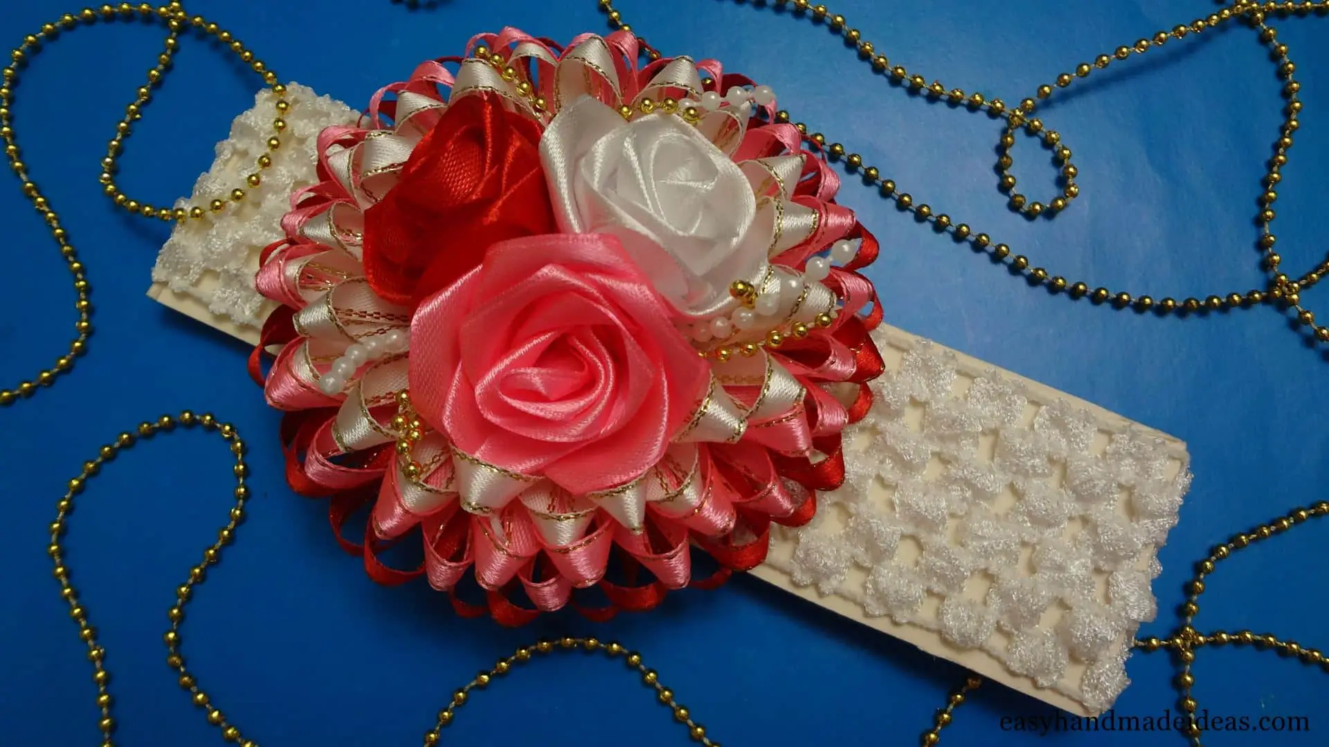 Kanzashi fabric flower elastic headband